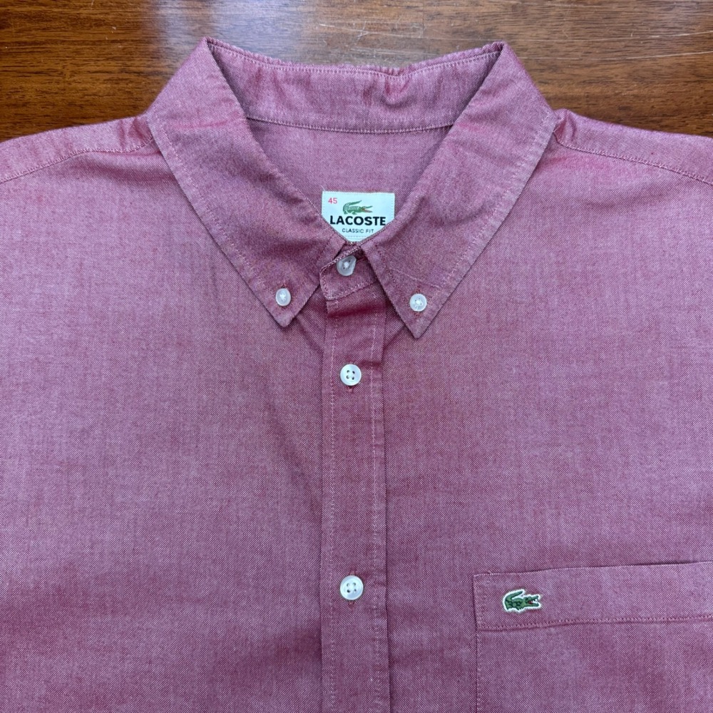 Lacoste Oxford Button Down Shirt Mens 45 XXL Red Pink Classic Fit Long Sleeve - Picture 3 of 8